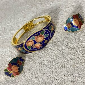 Vintage 80s Cloisonné Floral Enamel Bangle Bracelet W Matching Clip On Earrings